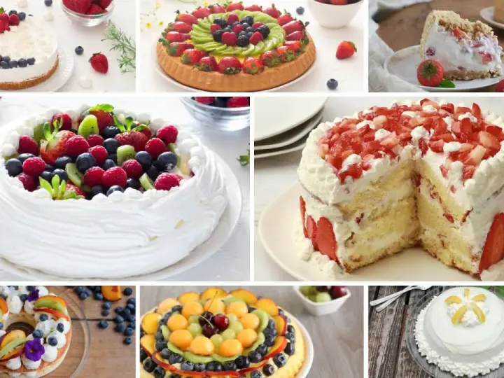 Varie torte e crostate decorate con frutta fresca, perfette per una torta festa della mamma.