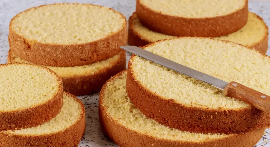 Dischi di pan di spagna sofficissimo con lievito, pronti per essere farciti. Una lama di coltello affilata riposa su uno strato.