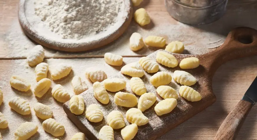 Gnocchi senza glutine appena fatti, spolverati di farina, su un tagliere di legno.