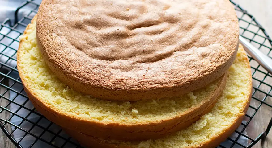 Due dischi di pan di spagna dorato, uno sopra l'altro, su una griglia. Perfetti per una bagna per pan di spagna.