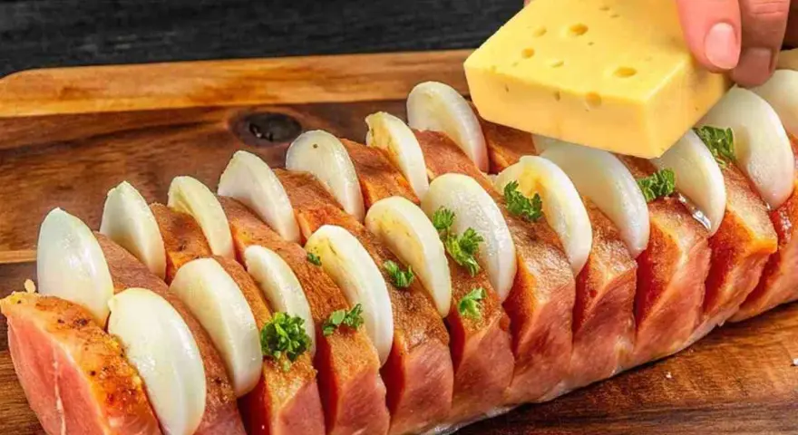 Filetto di maiale pronto per essere cotto, farcito con cipolle e formaggio. Un'idea per le tue ricette.