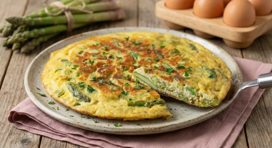Deliziosa frittata di asparagi selvatici, appena sfornata e guarnita con prezzemolo fresco. Sullo sfondo, un mazzo di asparagi e uova.
