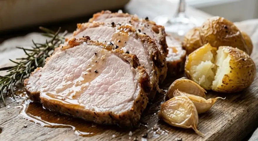 Arista di maiale succulenta affettata su tagliere di legno, con patate arrosto, aglio e rosmarino.