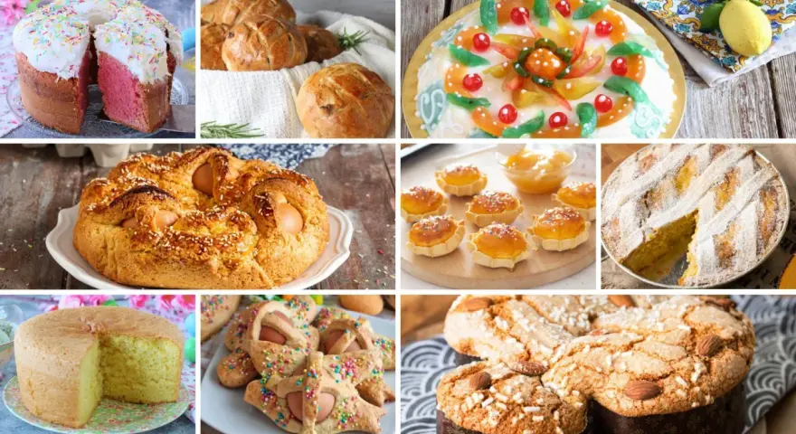 Collage di dolci pasquali: colomba, pastiera, casatiello, torta decorata e altri dolci tipici.