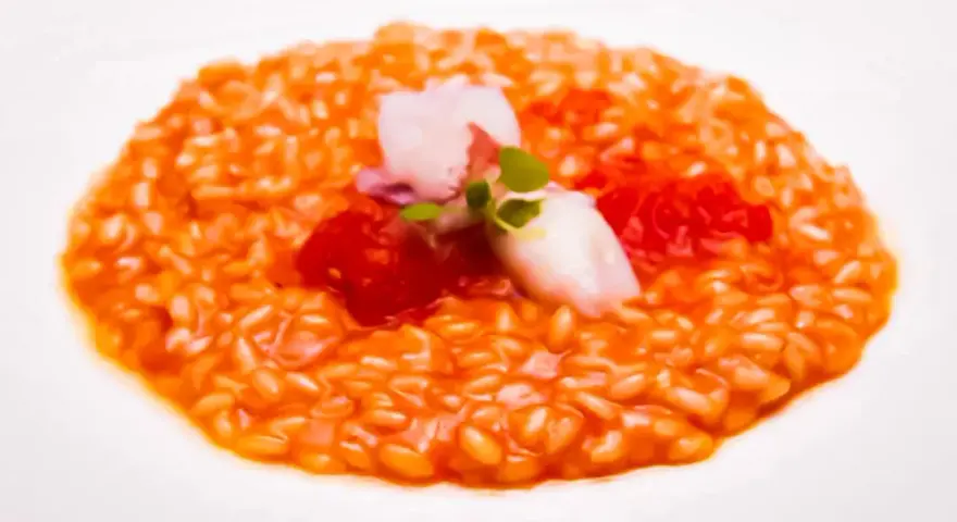 Un cremoso risotto al pomodoro, guarnito con calamari teneri, pomodorini e germogli freschi. Un piatto che celebra i sapori dell'Italia.