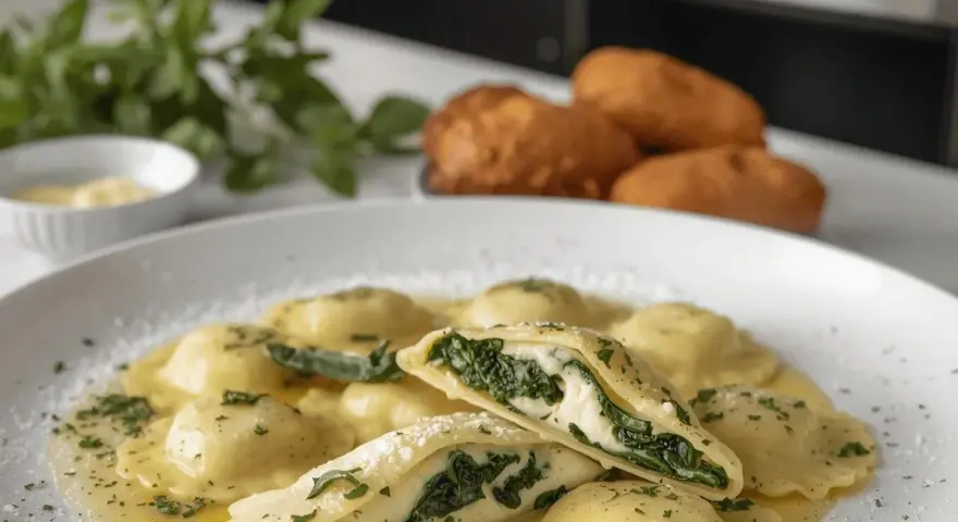 Ravioli ricotta e spinaci in un piatto bianco, conditi con burro fuso e prezzemolo tritato. Uno è tagliato a metà, mostrando il ripieno cremoso.