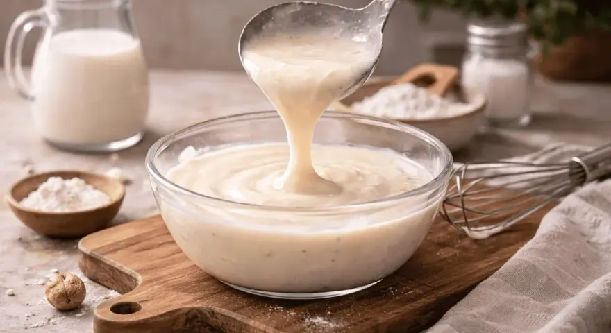 Besciamella senza latte cremosa versata in una ciotola di vetro. Ingredienti per una cucina senza lattosio.