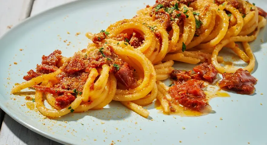 Spaghetti alla ghigliottina conditi con pomodorini secchi e pangrattato, un piatto invitante e saporito.
