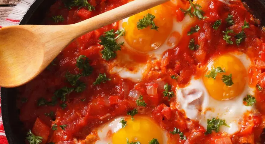 Uova al pomodoro cotte in padella, con tuorli dorati e prezzemolo fresco. Un cucchiaio di legno attende di servire questo piatto saporito.