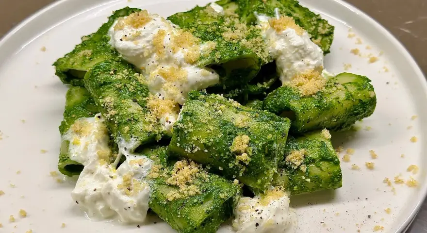 Paccheri conditi con un vibrante pesto di cavolo nero, arricchiti da ricotta fresca e pangrattato croccante.