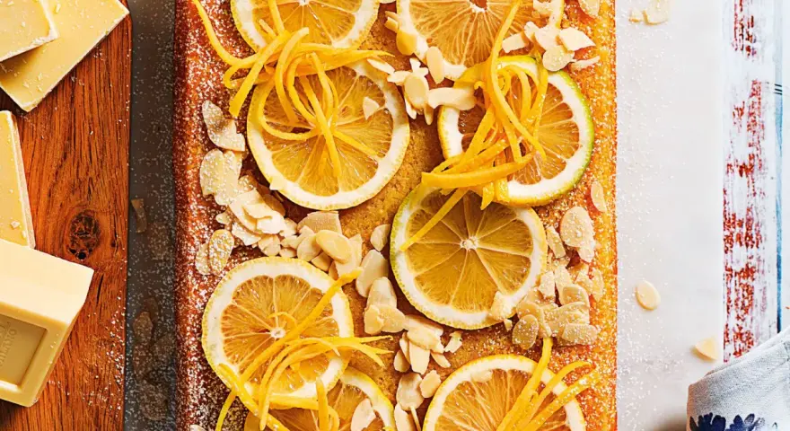 Torta soffice con fette di limone, scorza candita e mandorle a lamelle. Un'esplosione di freschezza per la tua caprese al limone.