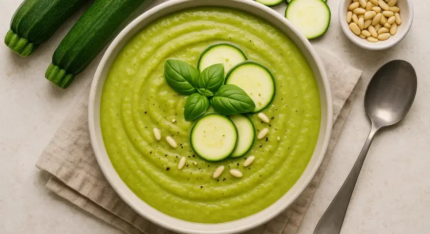 Vellutata di zucchine cremosa, guarnita con basilico fresco, fette di zucchina e pinoli. Accanto, zucchine fresche e un cucchiaio.
