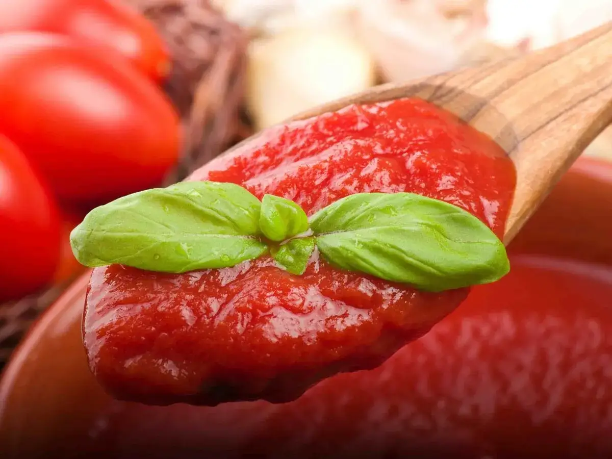 Un cucchiaio di legno raccoglie un denso sugo di pomodoro, guarnito con foglie di basilico fresco. Sullo sfondo, pomodori maturi e aglio.