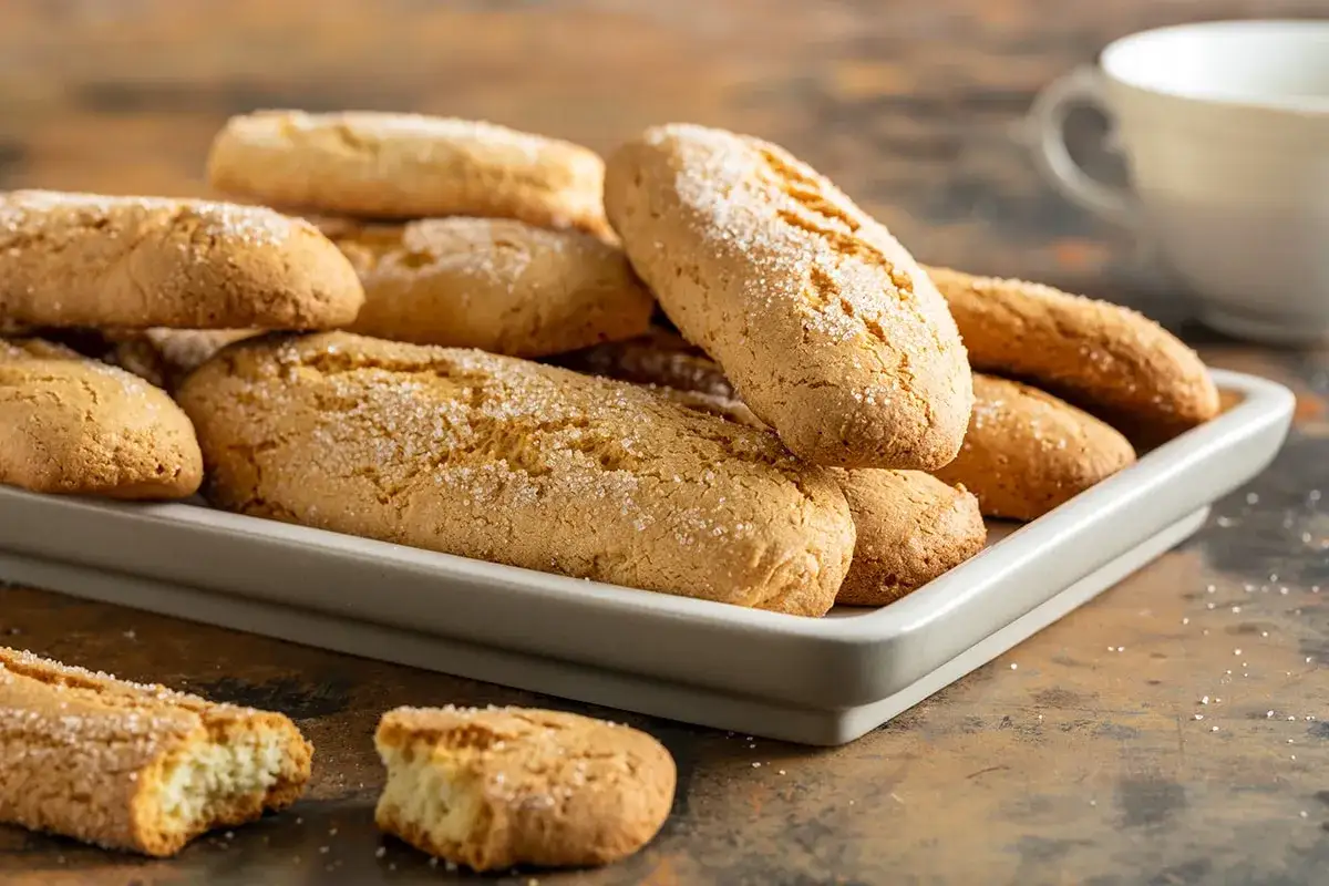 Biscotti da inzuppo dorati e friabili, cosparsi di zucchero, pronti per essere gustati con una bevanda calda.