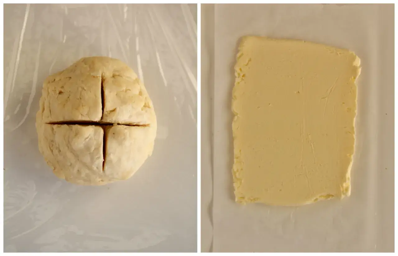 Impasto per pasta sfoglia fatta in casa diviso in quattro e un blocco di burro pronto per essere incorporato.