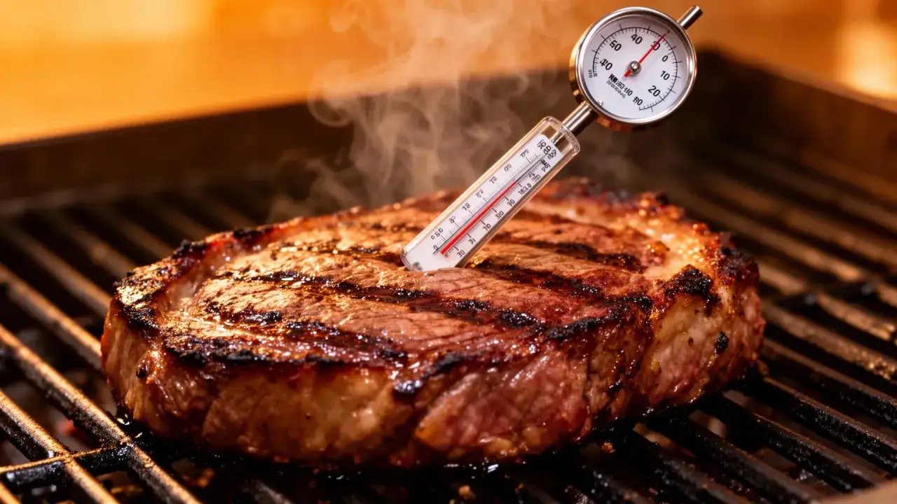 Una succulenta grigliata di carne su una griglia, con un termometro che ne controlla la cottura perfetta.