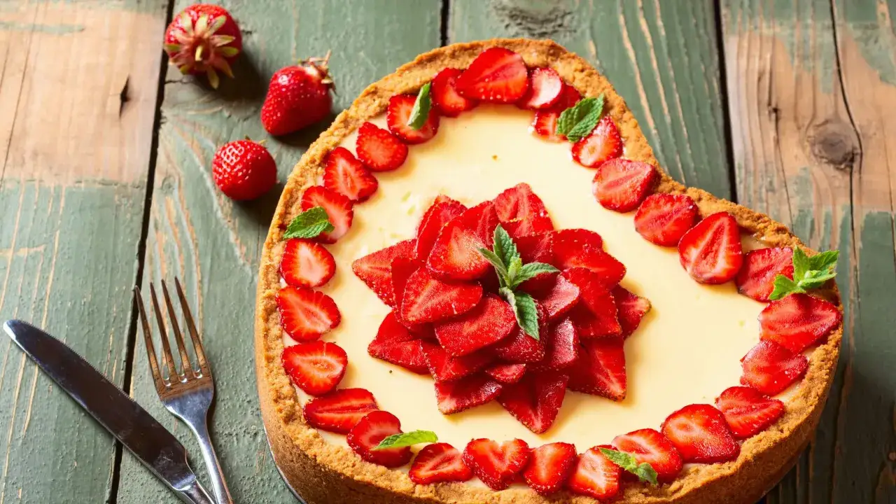 Una torta a forma di cuore, perfetta per la festa della mamma, decorata con fragole fresche e crema.