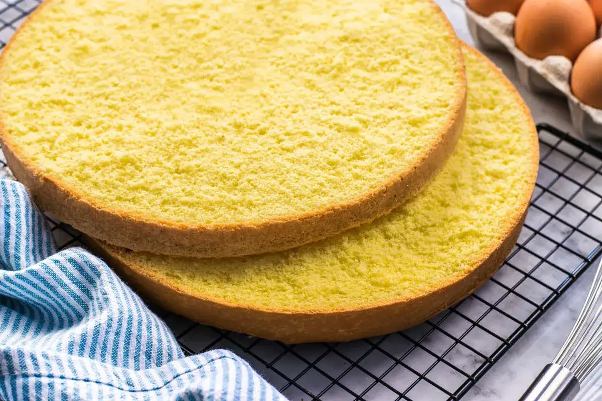 Due dischi di pan di spagna dorato e soffice, pronti per essere farciti. Accanto, un canovaccio a righe e delle uova.