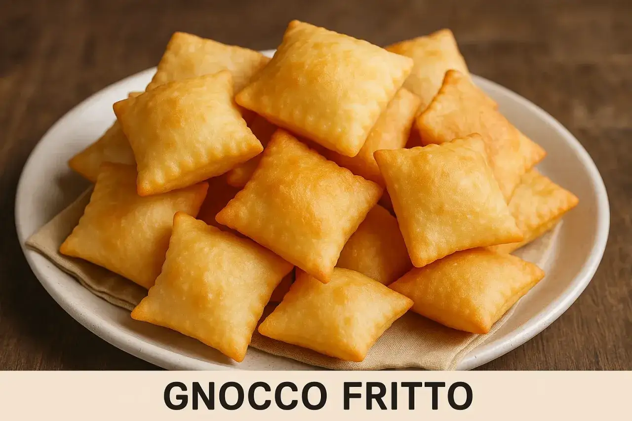 Piatto di gnocco fritto dorato e soffice, pronto per essere gustato. La ricetta originale per un sapore autentico.