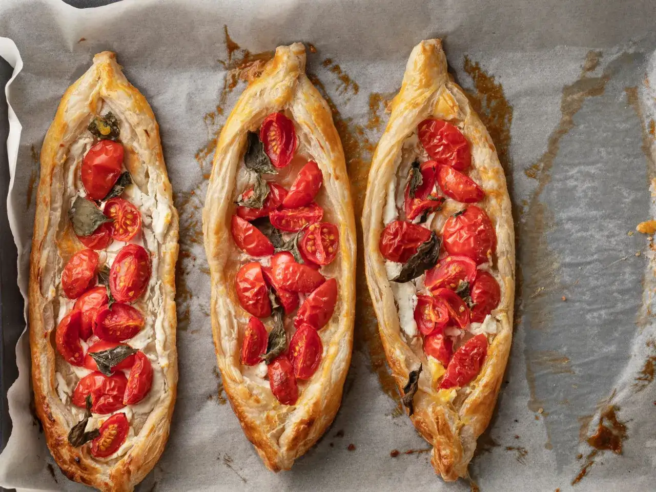 Tre barchette di pasta sfoglia ripiene di formaggio cremoso e pomodorini ciliegino. Un'idea sfiziosa per le tue ricette con pasta sfoglia.