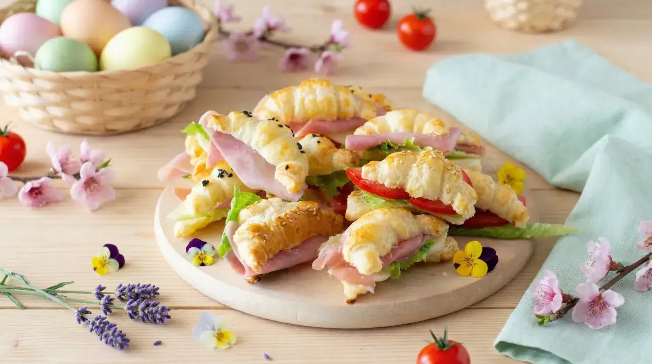 Mini croissant farciti con prosciutto e verdure, un delizioso antipasto di Pasqua, decorato con fiori e uova colorate in un cesto.