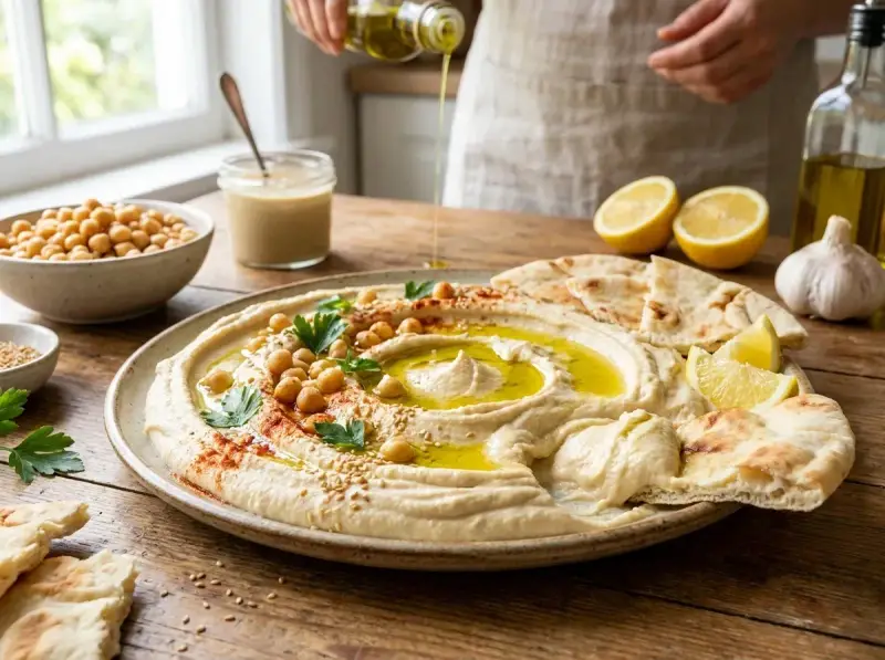 Un cremoso hummus di ceci, guarnito con ceci interi, prezzemolo e olio d'oliva, servito con pane pita e limone.
