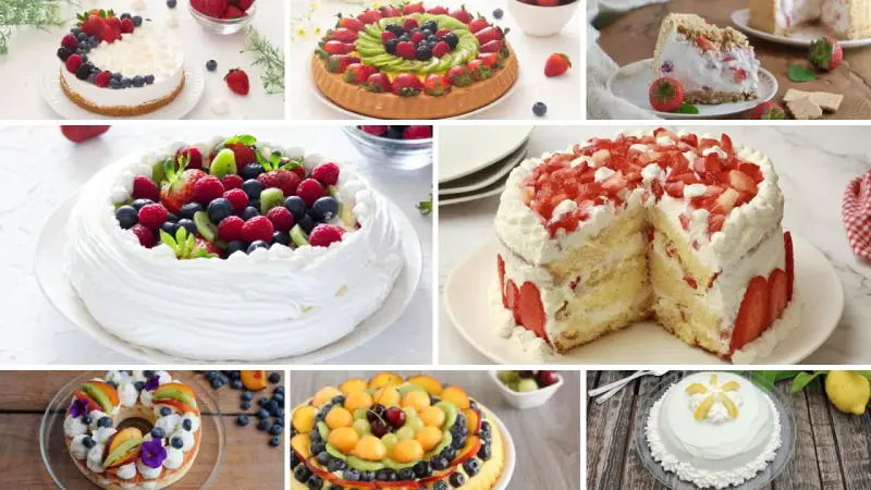 Varie torte e crostate decorate con frutta fresca, perfette per una torta festa della mamma.
